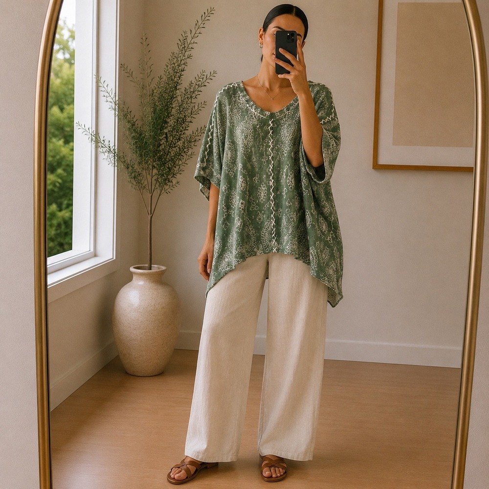 Sundance Green Paisley‎ Cotton Knit Poncho Top Size Large